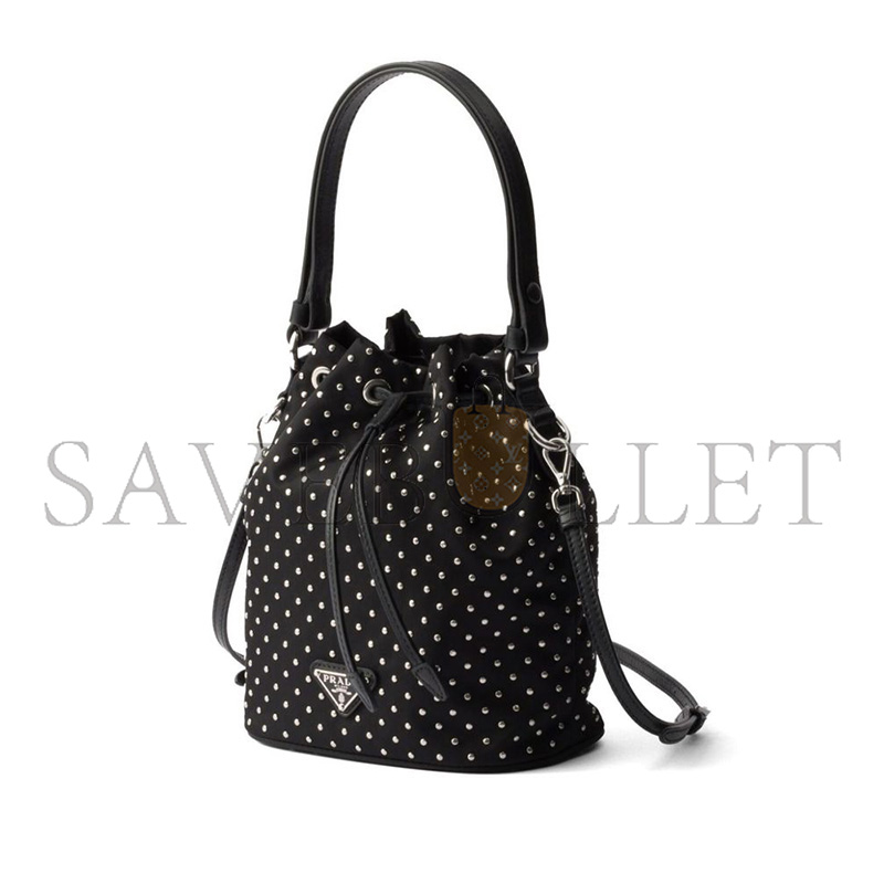 PRADA BLACK RE-NYLON MINI-BAG WITH STUDS 1NE067 (19.5*15.5*10cm)